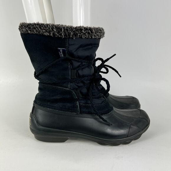 Sperry duck boots womens size 7 black faux fur lined waterproof winter shoes - Picture 2 of 11
